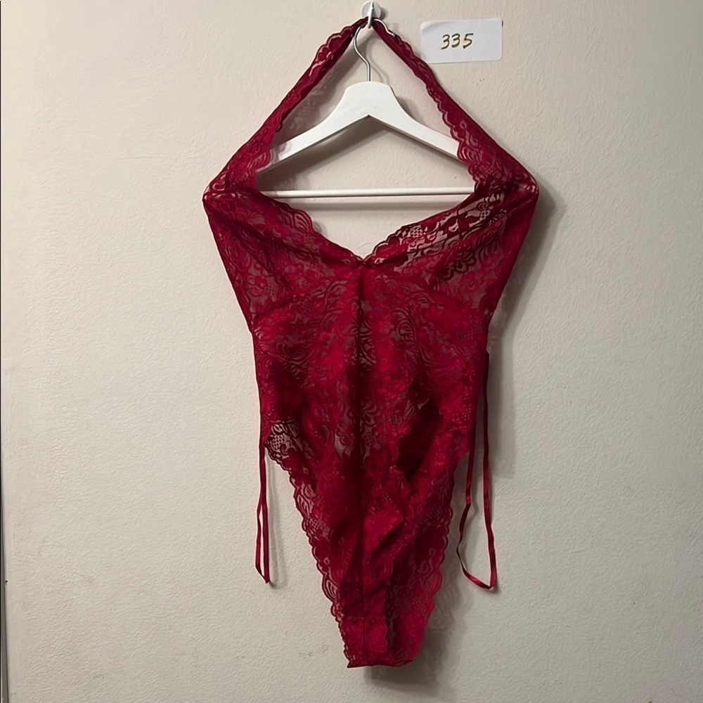 Fredericks Red Lace Chemise with Plunging Neckline and High-Cut Legs